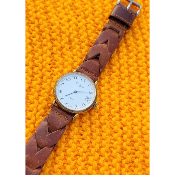 Vintage Valgines Quartz Watch Swiss Made Unisex Gold Bezel Braided Leather Strap - Picture 4 of 10